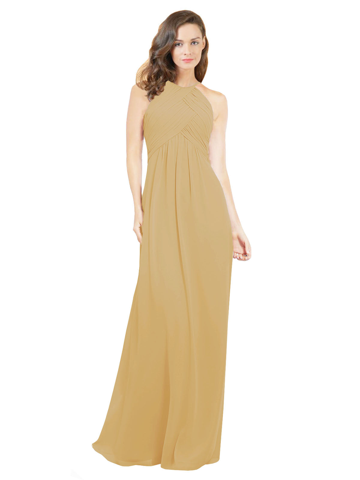 Gold A-Line Halter Sleeveless Long Bridesmaid Dress Robyn