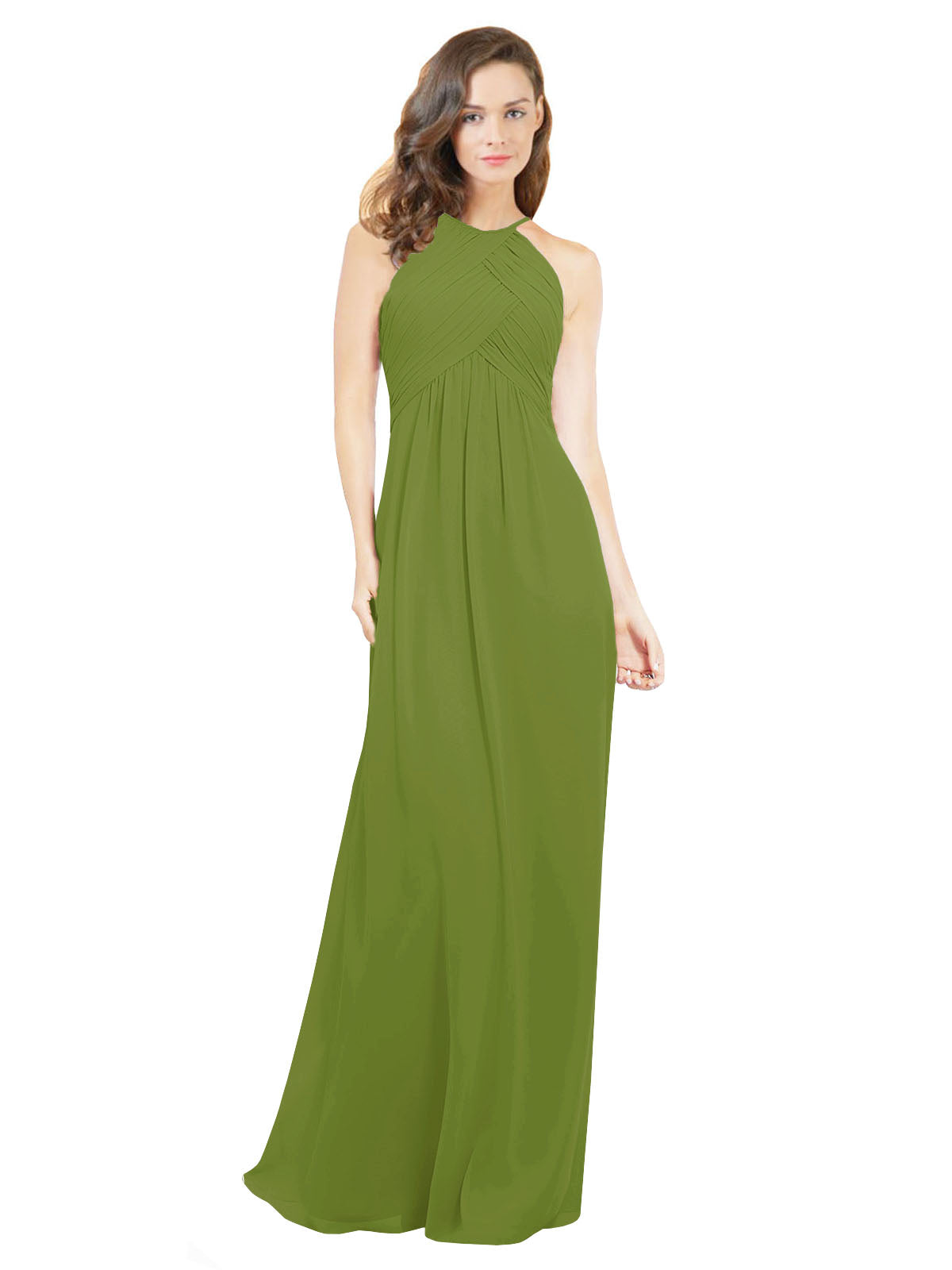 Olive Green A-Line Halter Sleeveless Long Bridesmaid Dress Robyn