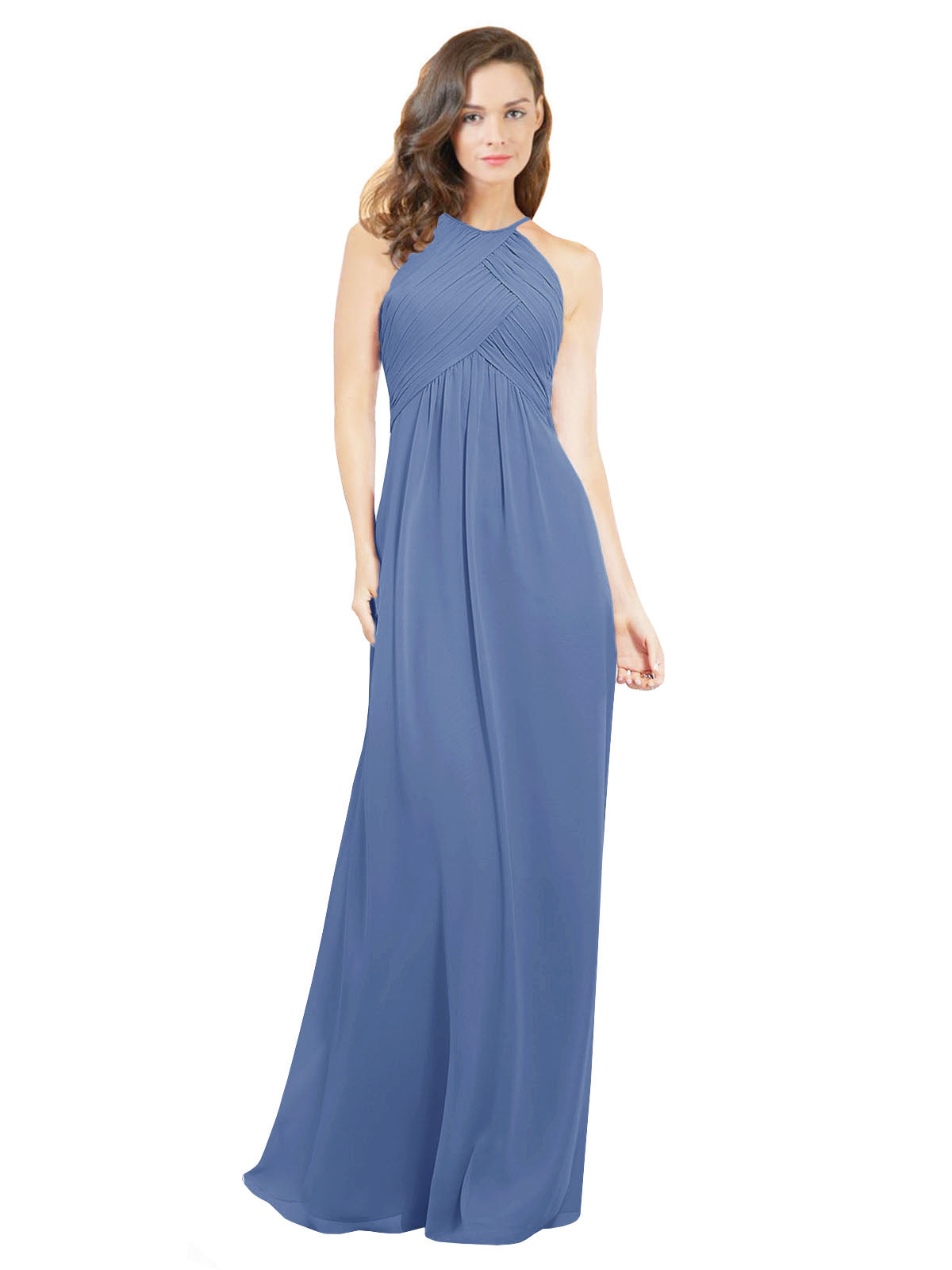 Windsor Blue A-Line Halter Sleeveless Long Bridesmaid Dress Robyn