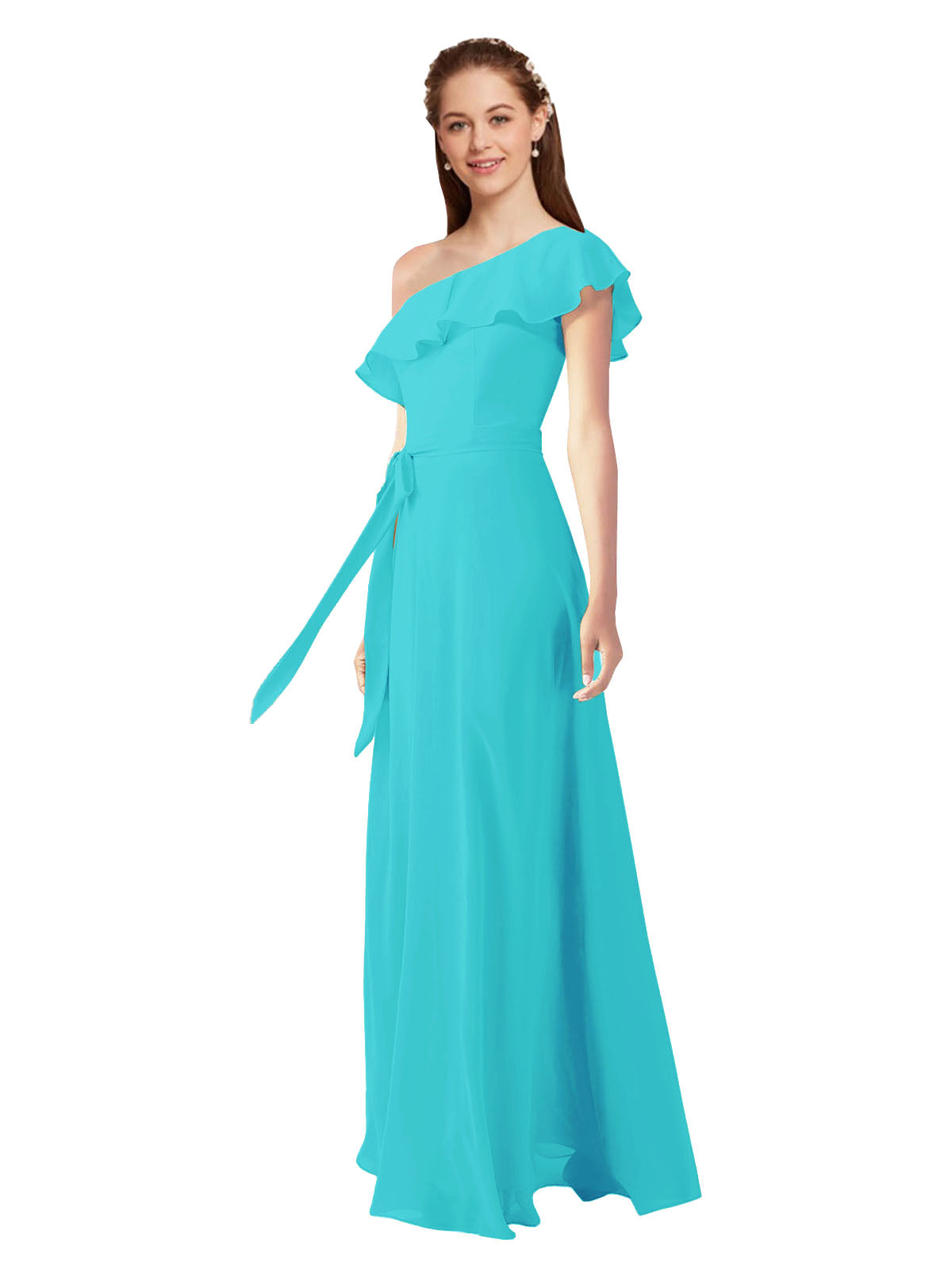 Aqua A-Line One Shoulder Sleeveless Long Bridesmaid Dress Kyrene