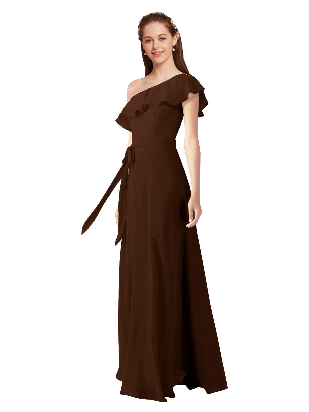 Chocolate A-Line One Shoulder Sleeveless Long Bridesmaid Dress Kyrene