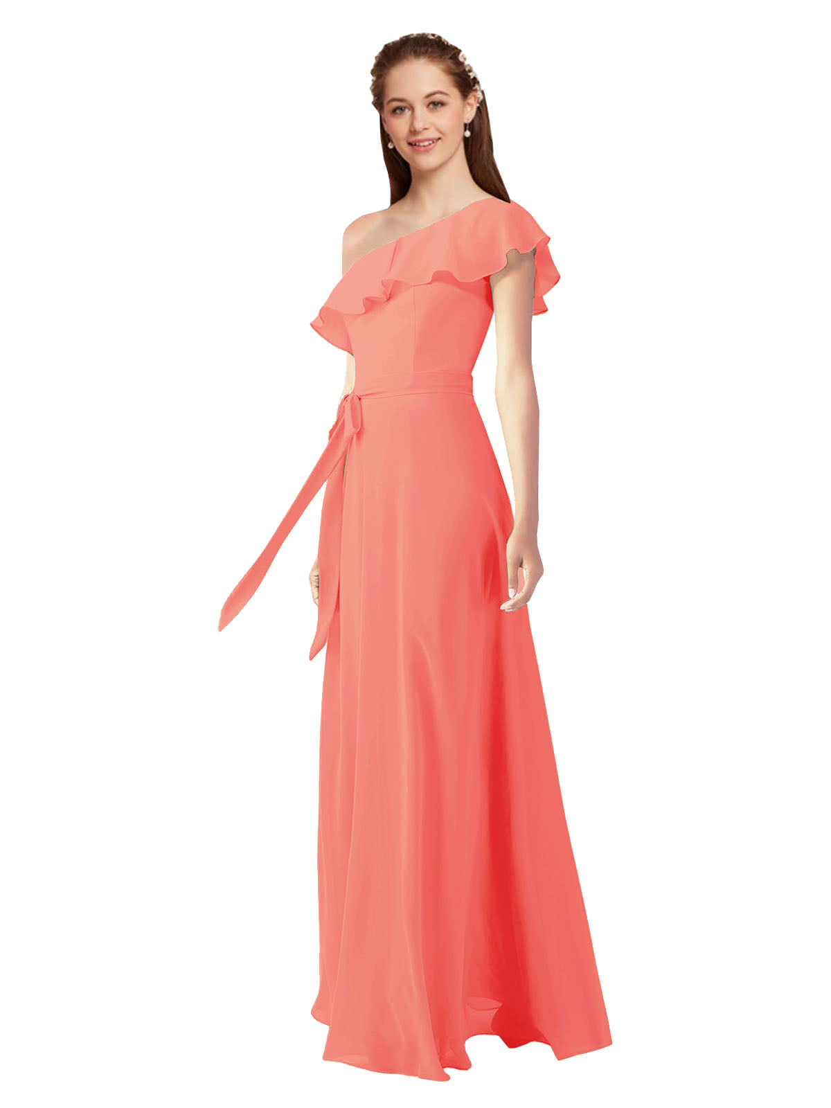 Coral A-Line One Shoulder Sleeveless Long Bridesmaid Dress Kyrene