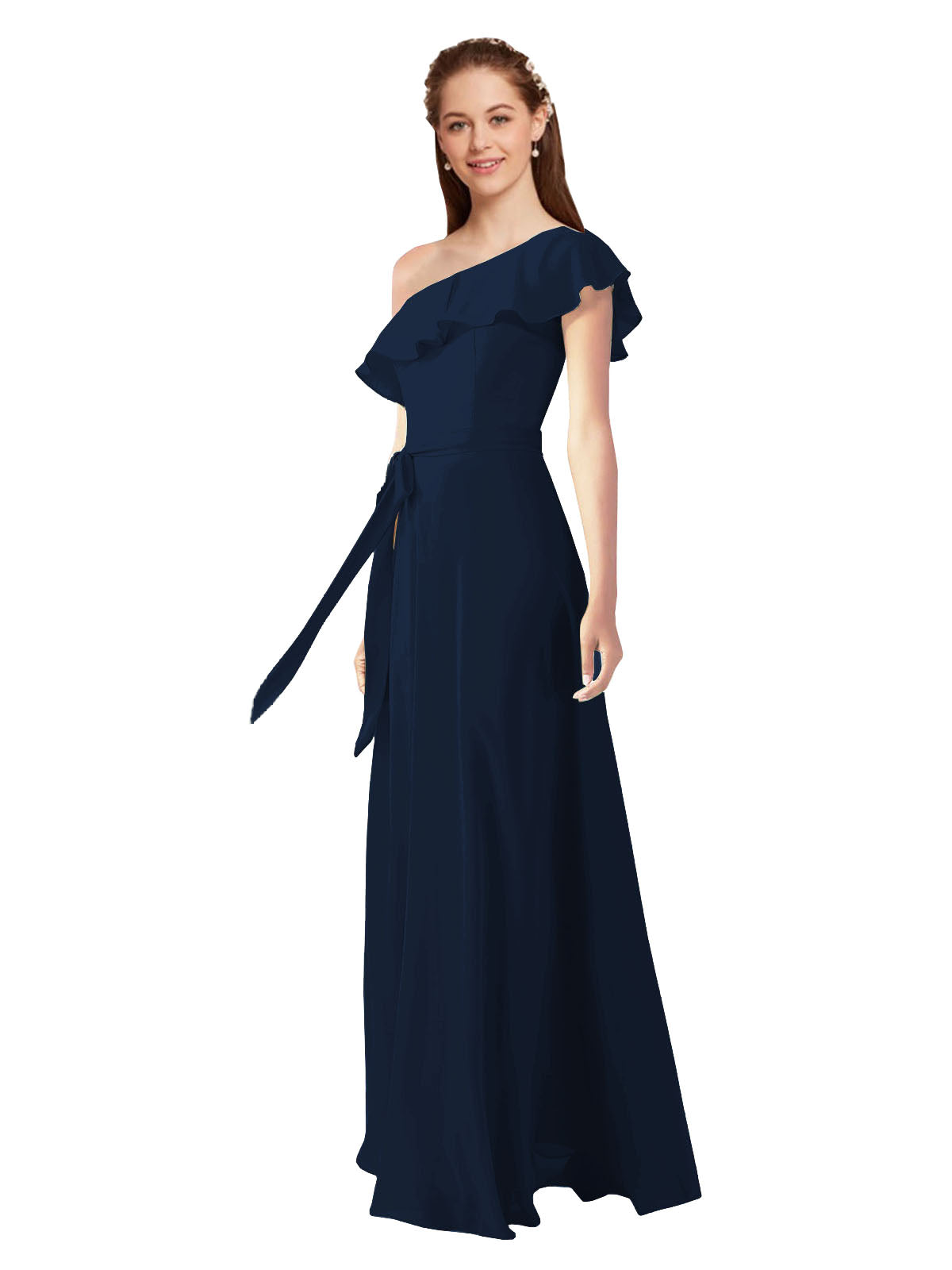 Dark Navy A-Line One Shoulder Sleeveless Long Bridesmaid Dress Kyrene