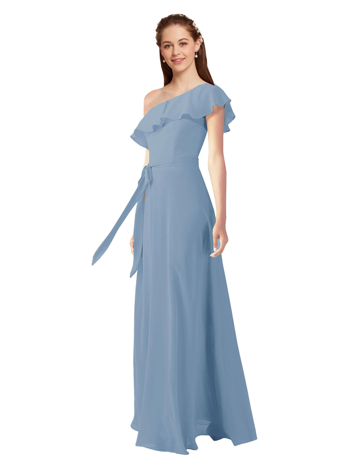 Dusty Blue A-Line One Shoulder Sleeveless Long Bridesmaid Dress Kyrene