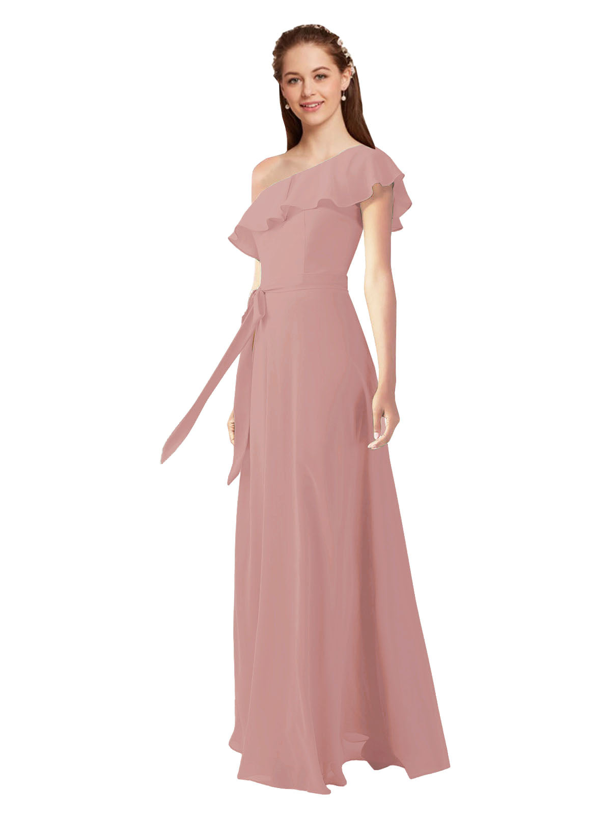 Dusty Pink A-Line One Shoulder Sleeveless Long Bridesmaid Dress Kyrene
