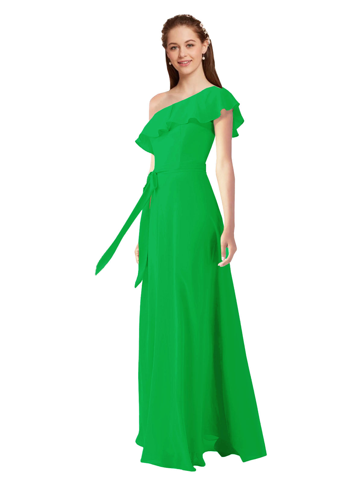 Green A-Line One Shoulder Sleeveless Long Bridesmaid Dress Kyrene