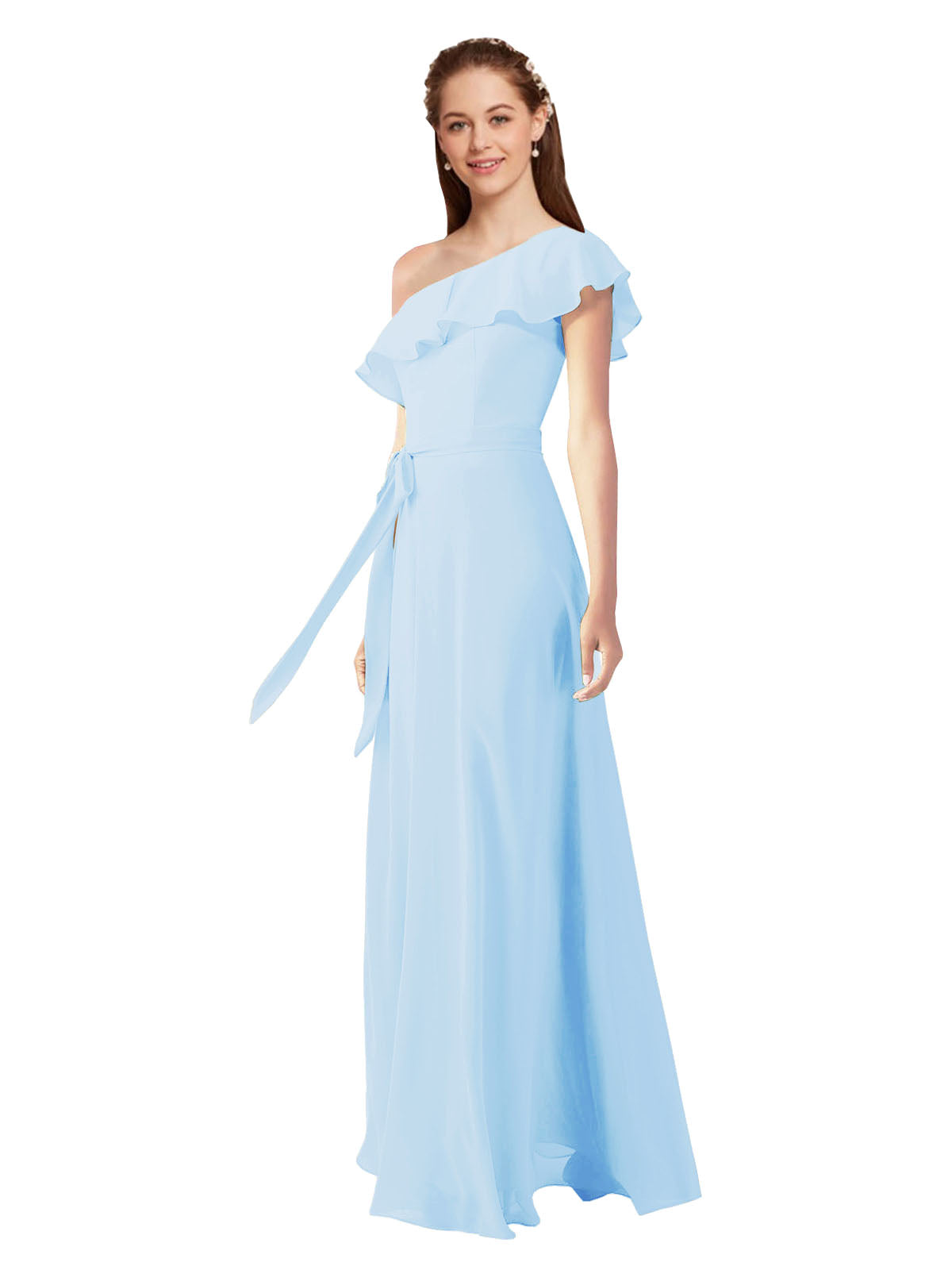 Light Sky Blue A-Line One Shoulder Sleeveless Long Bridesmaid Dress Kyrene
