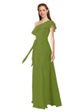 Olive Green A-Line One Shoulder Sleeveless Long Bridesmaid Dress Kyrene