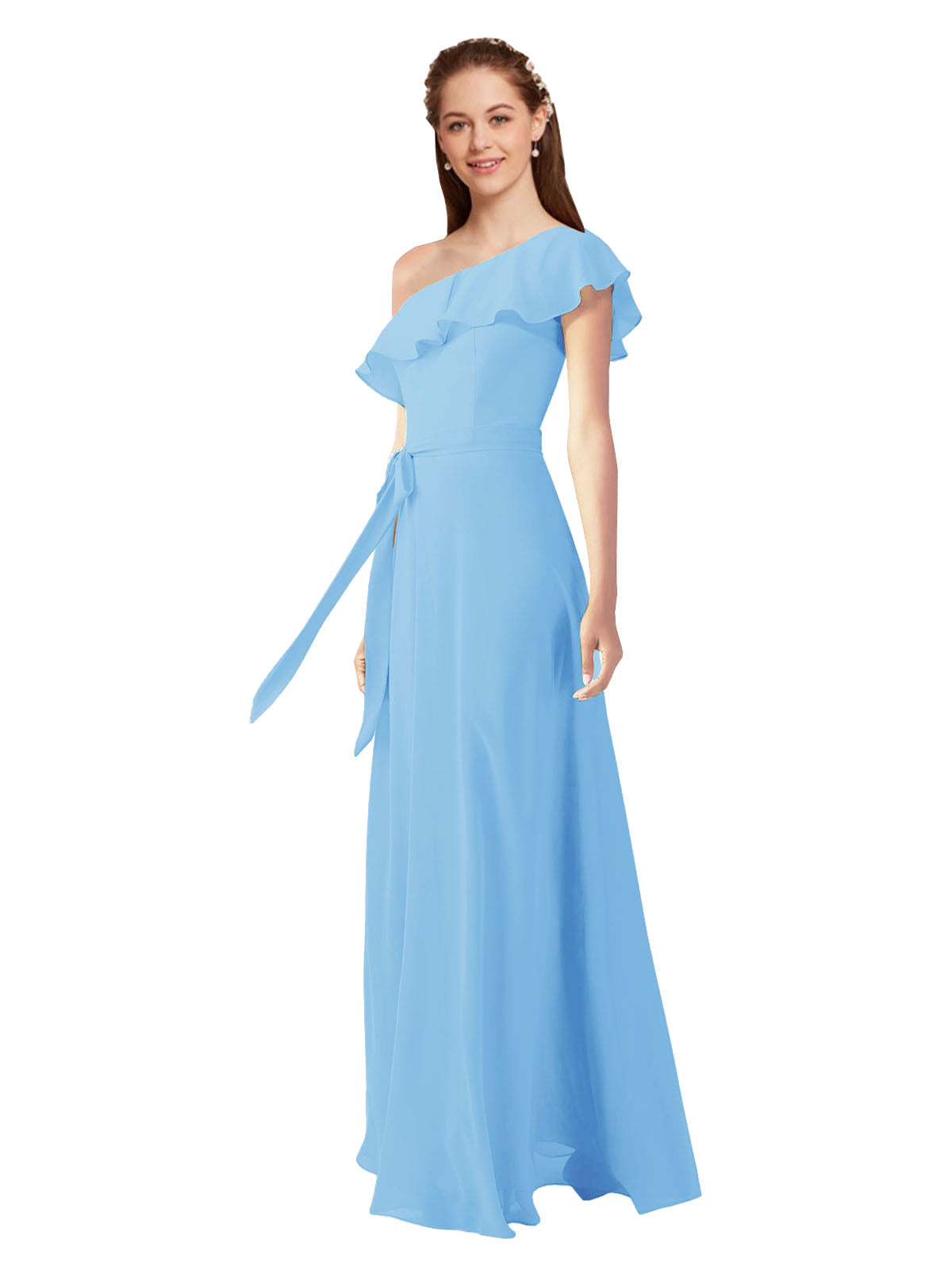 Periwinkle A-Line One Shoulder Sleeveless Long Bridesmaid Dress Kyrene