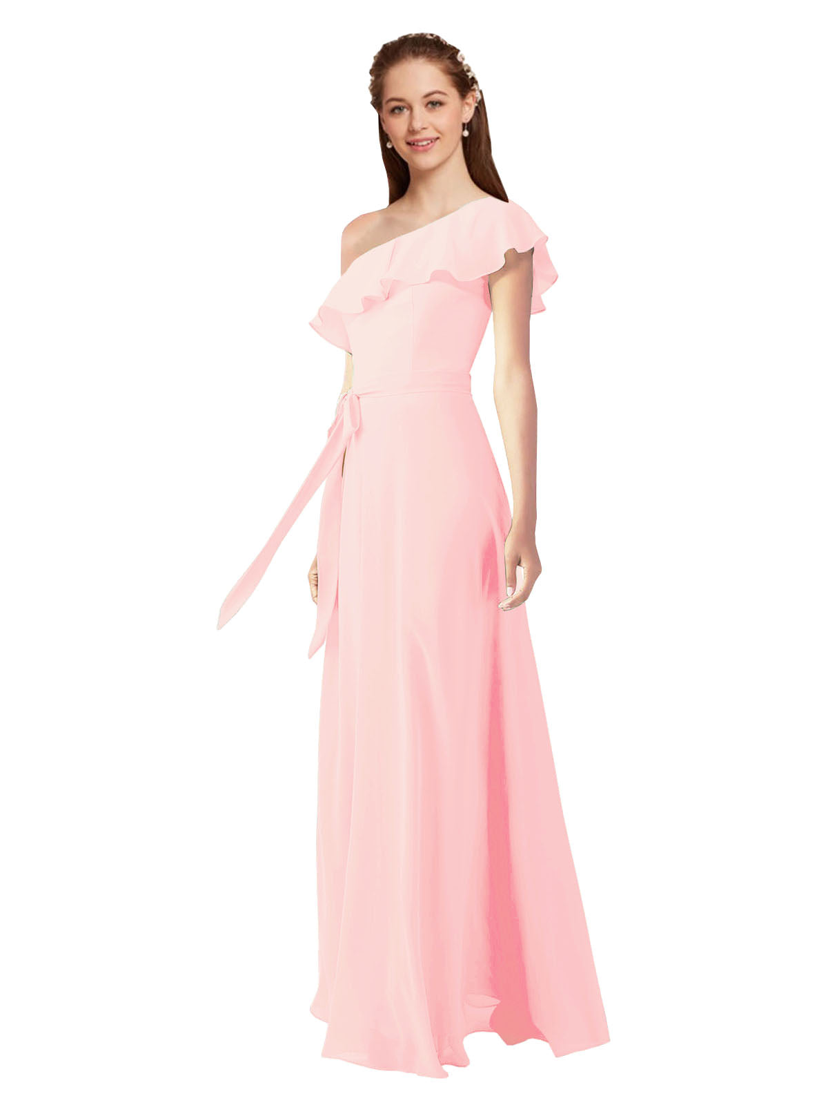 Pink A-Line One Shoulder Sleeveless Long Bridesmaid Dress Kyrene