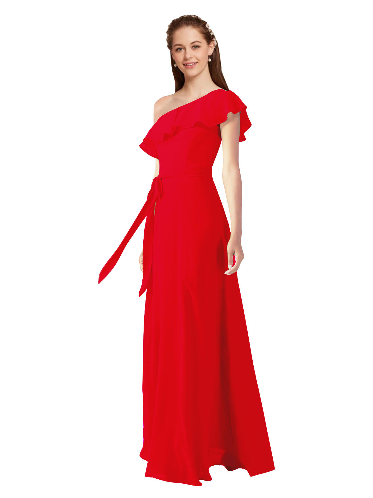 Red A-Line One Shoulder Sleeveless Long Bridesmaid Dress Kyrene