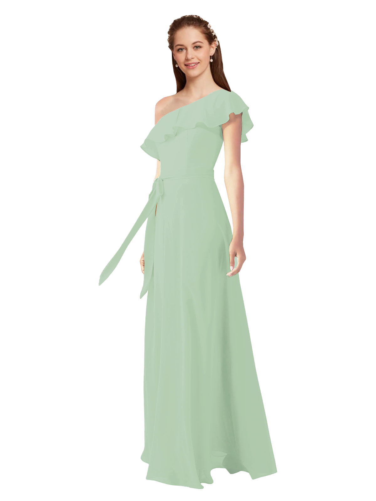 Sage A-Line One Shoulder Sleeveless Long Bridesmaid Dress Kyrene