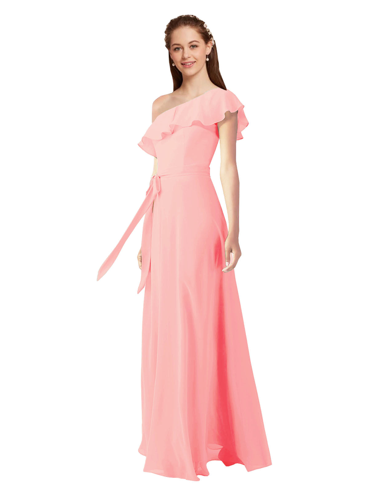 Salmon A-Line One Shoulder Sleeveless Long Bridesmaid Dress Kyrene