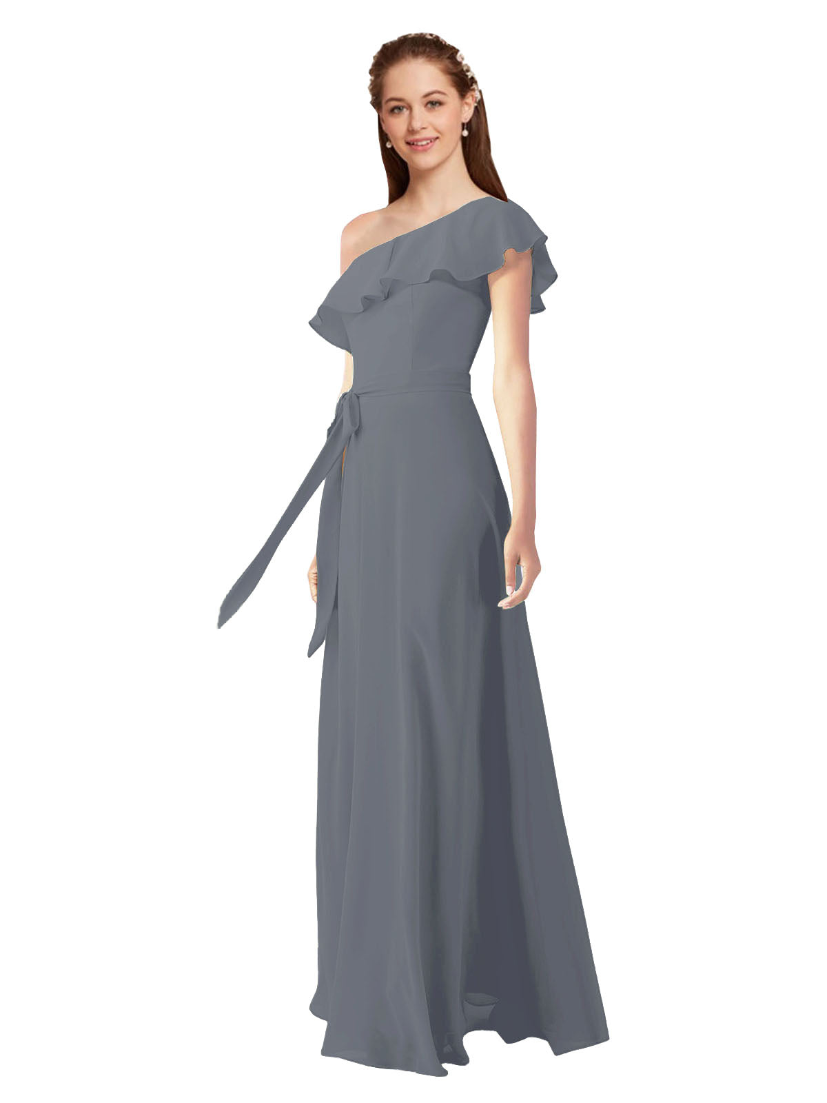 Slate Grey A-Line One Shoulder Sleeveless Long Bridesmaid Dress Kyrene