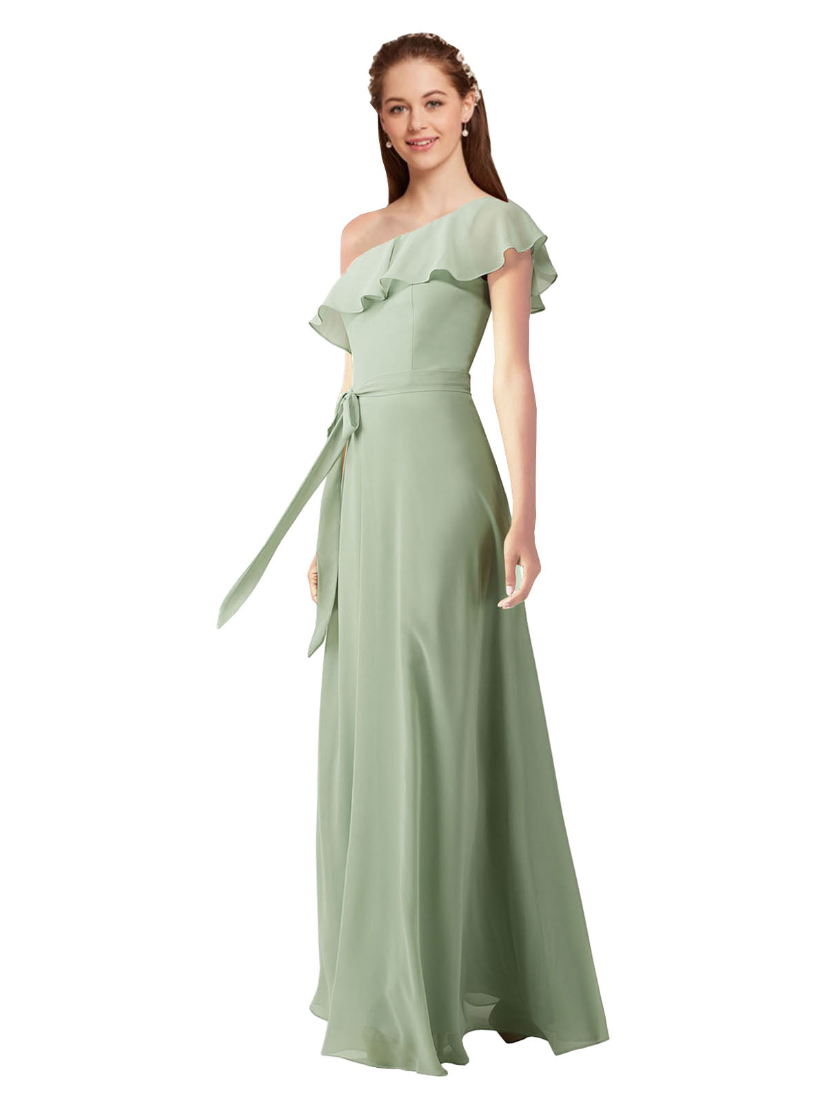 Smoke Green A-Line One Shoulder Sleeveless Long Bridesmaid Dress Kyrene