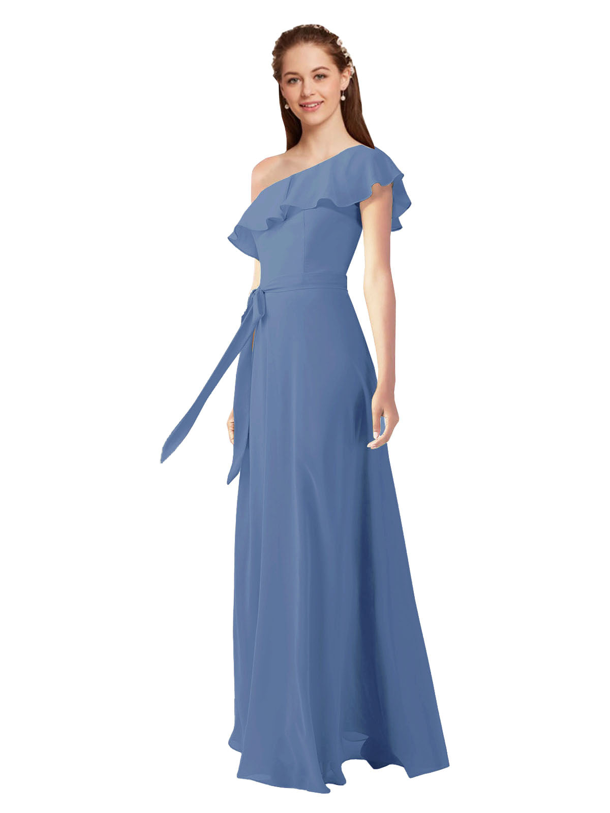 Windsor Blue A-Line One Shoulder Sleeveless Long Bridesmaid Dress Kyrene