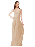 Champagne A-Line V-Neck Cap Sleeves Long Bridesmaid Dress Ashleigh