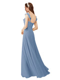Dusty Blue A-Line V-Neck Cap Sleeves Long Bridesmaid Dress Ashleigh