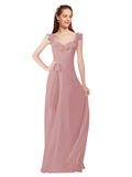 Dusty Pink A-Line V-Neck Cap Sleeves Long Bridesmaid Dress Ashleigh