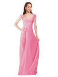 Hot Pink A-Line V-Neck Cap Sleeves Long Bridesmaid Dress Ashleigh