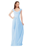 Light Sky Blue A-Line V-Neck Cap Sleeves Long Bridesmaid Dress Ashleigh