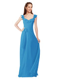 Peacock Blue A-Line V-Neck Cap Sleeves Long Bridesmaid Dress Ashleigh