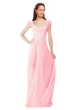 Pink A-Line V-Neck Cap Sleeves Long Bridesmaid Dress Ashleigh