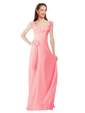 Salmon A-Line V-Neck Cap Sleeves Long Bridesmaid Dress Ashleigh