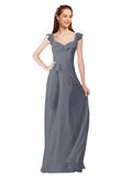 Slate Grey A-Line V-Neck Cap Sleeves Long Bridesmaid Dress Ashleigh
