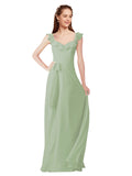 Smoke Green A-Line V-Neck Cap Sleeves Long Bridesmaid Dress Ashleigh
