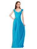 Turquoise A-Line V-Neck Cap Sleeves Long Bridesmaid Dress Ashleigh