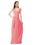 Watermelon A-Line V-Neck Cap Sleeves Long Bridesmaid Dress Ashleigh