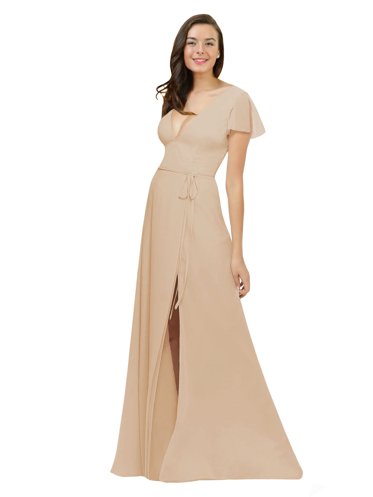 Champagne A-Line V-Neck Cap Sleeves Long Bridesmaid Dress Dayna