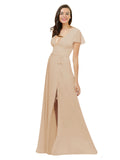 Champagne A-Line V-Neck Cap Sleeves Long Bridesmaid Dress Dayna
