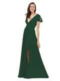 Dark Green A-Line V-Neck Cap Sleeves Long Bridesmaid Dress Dayna