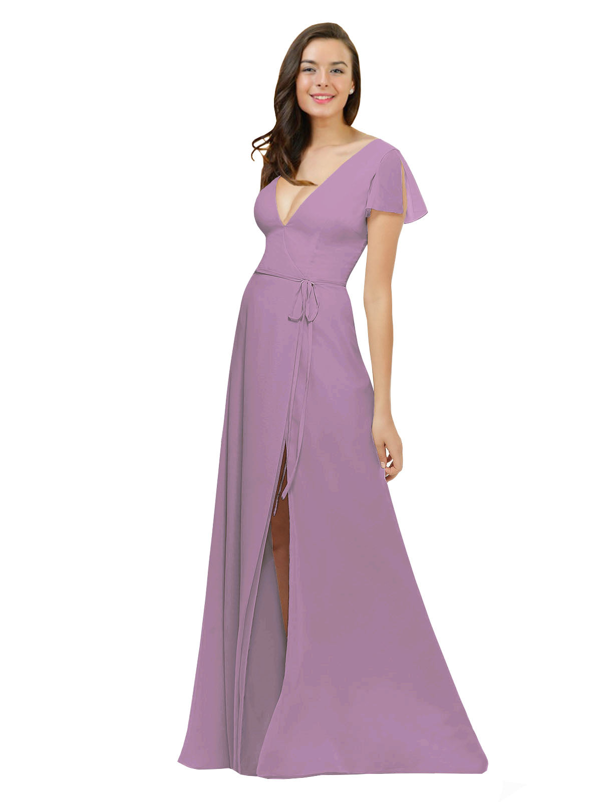 Dark Lavender A-Line V-Neck Cap Sleeves Long Bridesmaid Dress Dayna