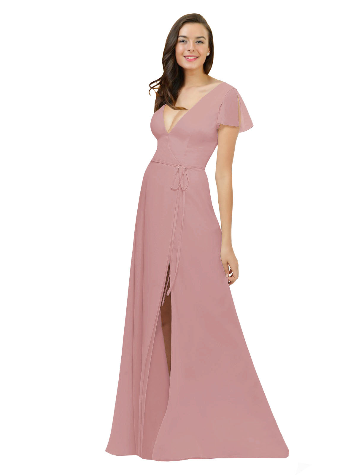 Dusty Pink A-Line V-Neck Cap Sleeves Long Bridesmaid Dress Dayna