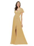 Gold A-Line V-Neck Cap Sleeves Long Bridesmaid Dress Dayna