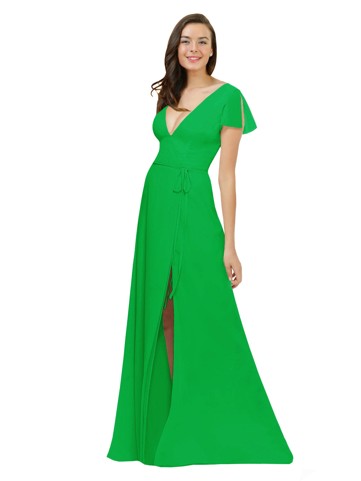 Green A-Line V-Neck Cap Sleeves Long Bridesmaid Dress Dayna