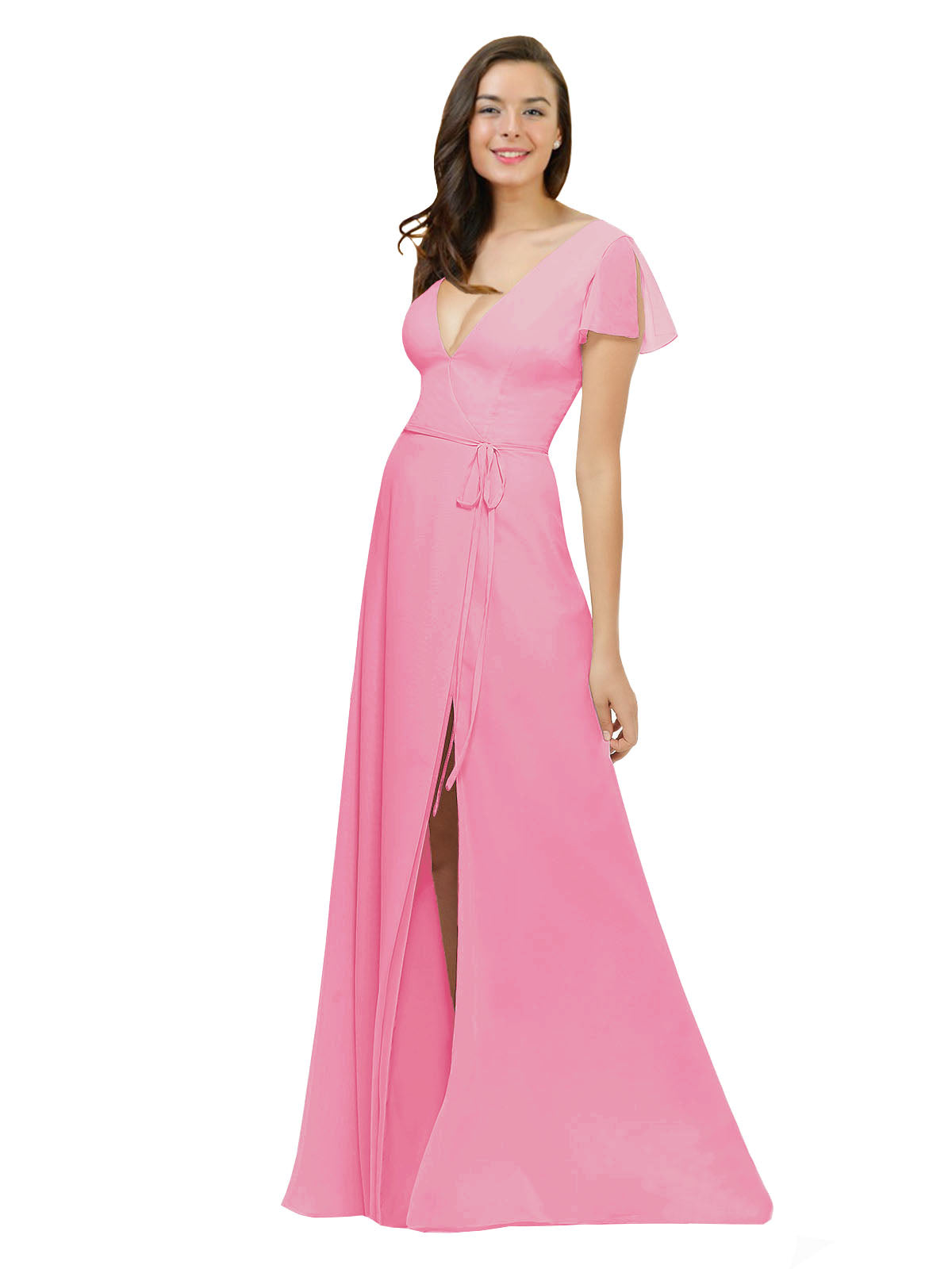 Hot Pink A-Line V-Neck Cap Sleeves Long Bridesmaid Dress Dayna