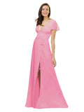 Hot Pink A-Line V-Neck Cap Sleeves Long Bridesmaid Dress Dayna