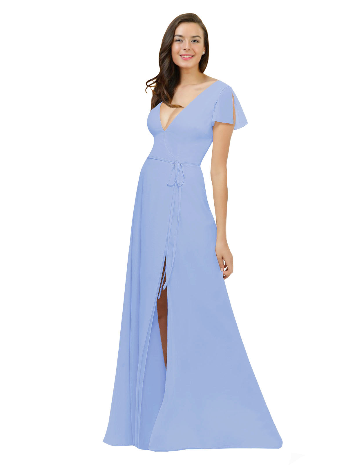 Lavender A-Line V-Neck Cap Sleeves Long Bridesmaid Dress Dayna