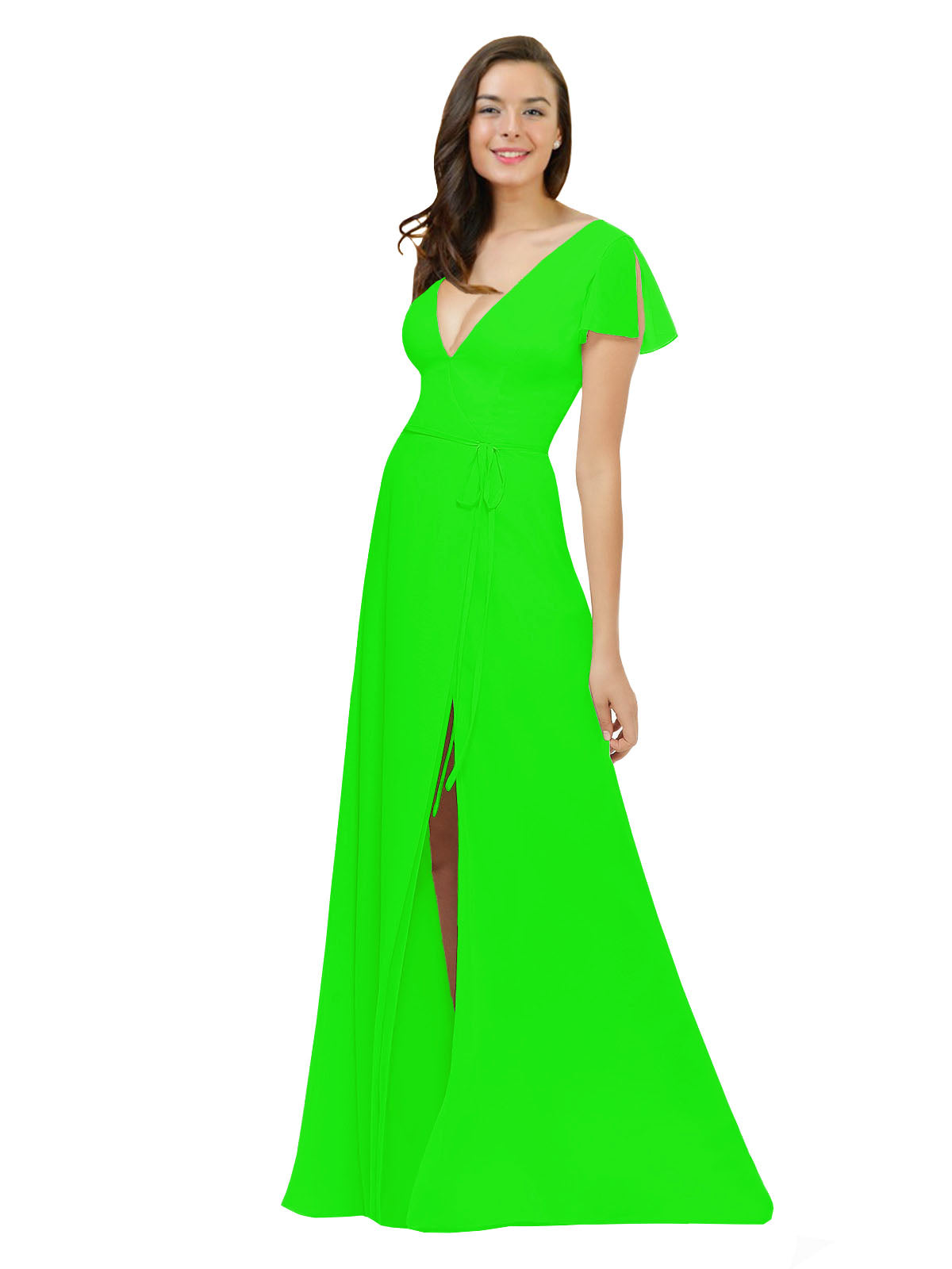 Lime Green A-Line V-Neck Cap Sleeves Long Bridesmaid Dress Dayna