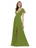 Olive Green A-Line V-Neck Cap Sleeves Long Bridesmaid Dress Dayna