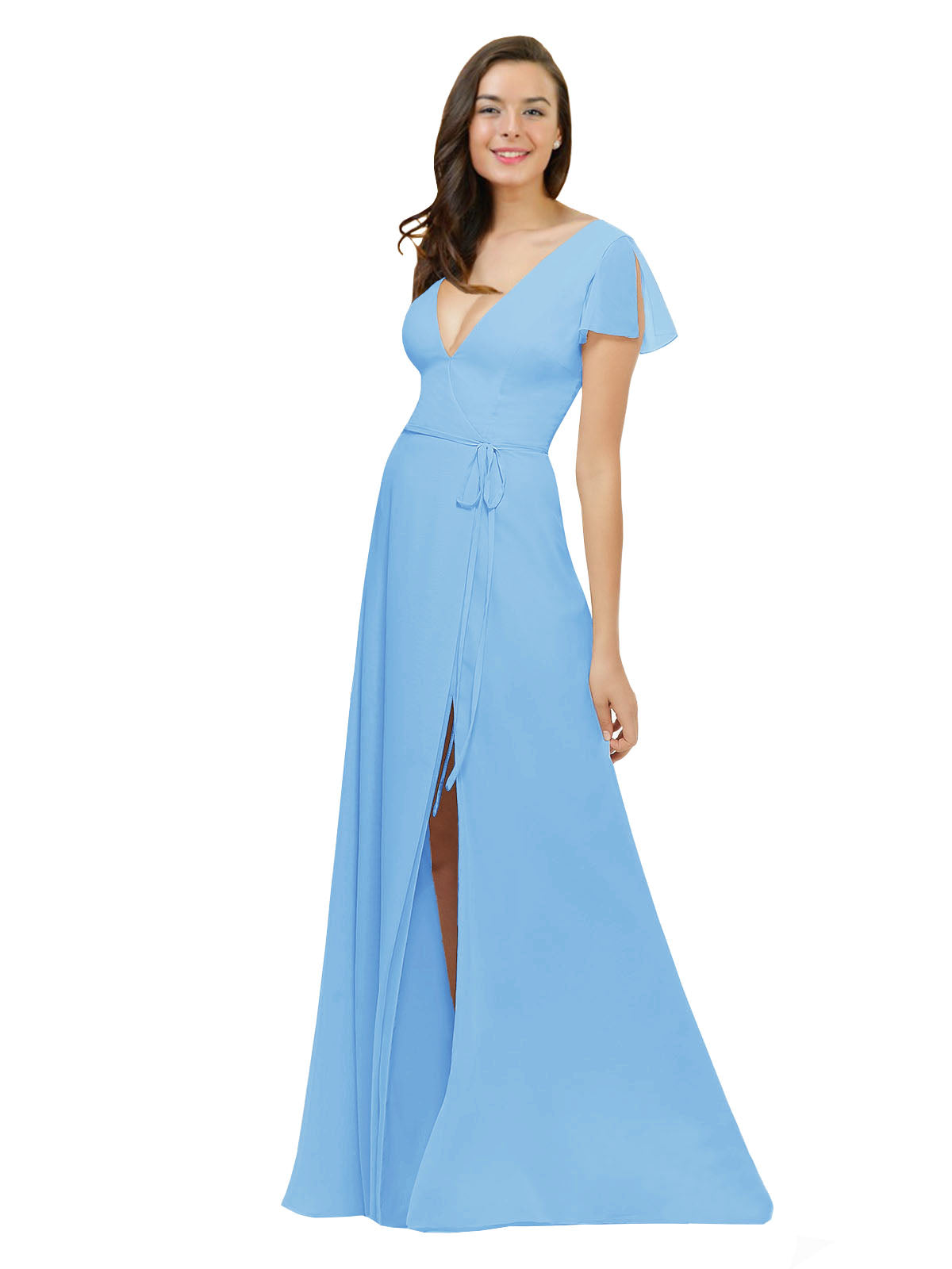 Periwinkle A-Line V-Neck Cap Sleeves Long Bridesmaid Dress Dayna