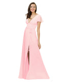 Pink A-Line V-Neck Cap Sleeves Long Bridesmaid Dress Dayna