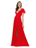 Red A-Line V-Neck Cap Sleeves Long Bridesmaid Dress Dayna
