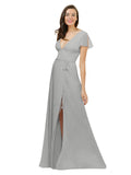 Silver A-Line V-Neck Cap Sleeves Long Bridesmaid Dress Dayna