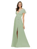 Smoke Green A-Line V-Neck Cap Sleeves Long Bridesmaid Dress Dayna