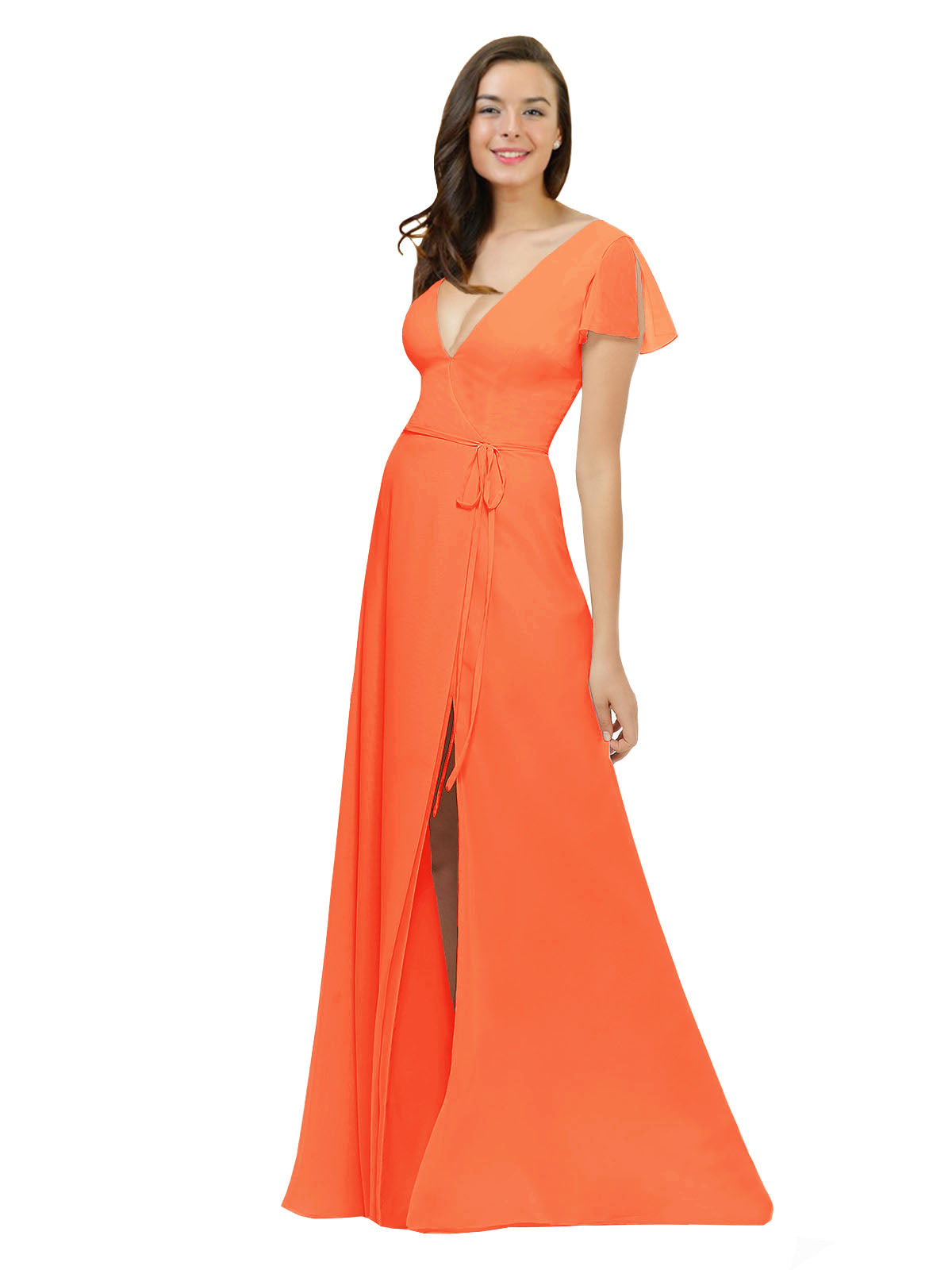 Tangerine Tango A-Line V-Neck Cap Sleeves Long Bridesmaid Dress Dayna